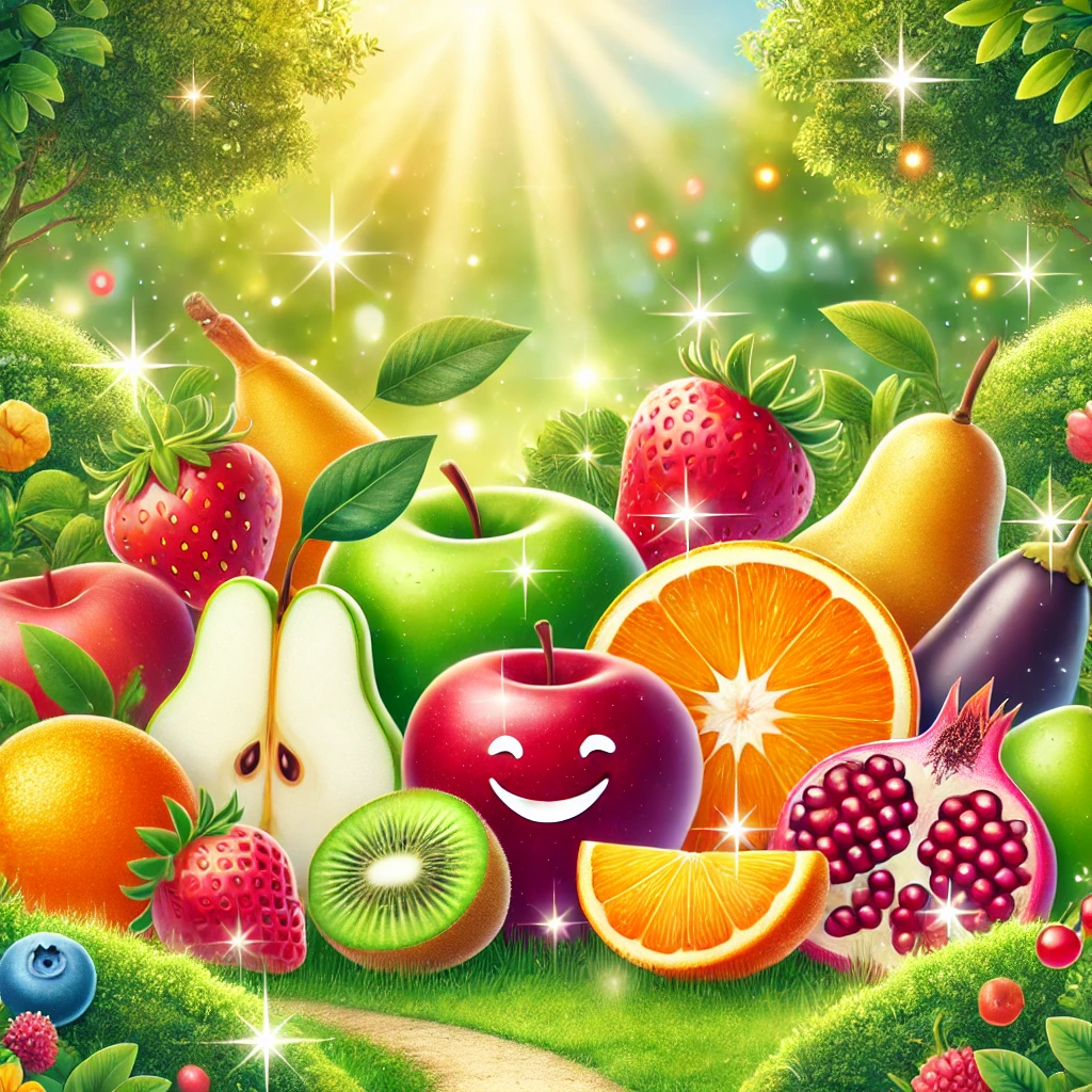 Elma, armut, çilek, kivi, nar ve portakal gibi diş sağlığını destekleyen meyvelerin bahçe ortamında bir arada bulunduğu illüstrasyon.